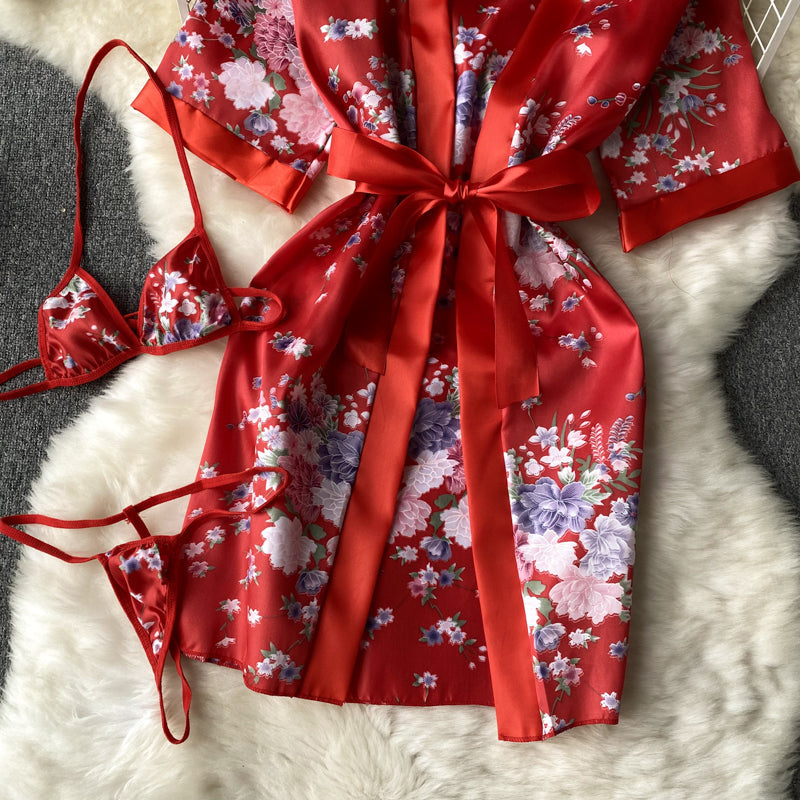 Lace-up Printed Robe Cardigan Dress