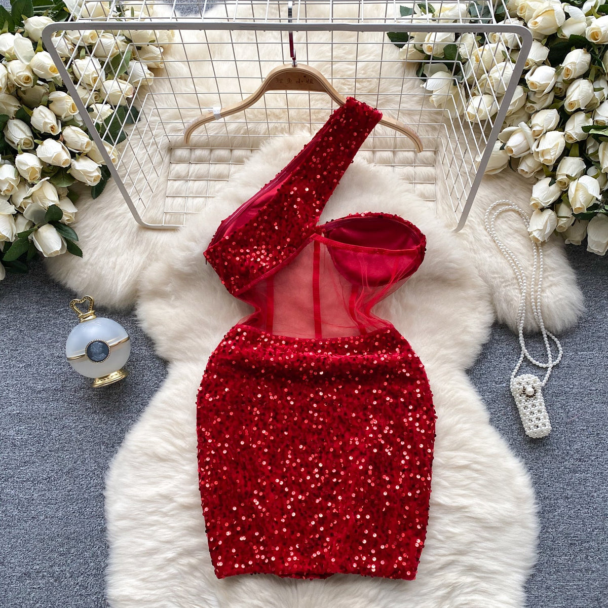 Slant Shoulder Sequin Mini Party Dress