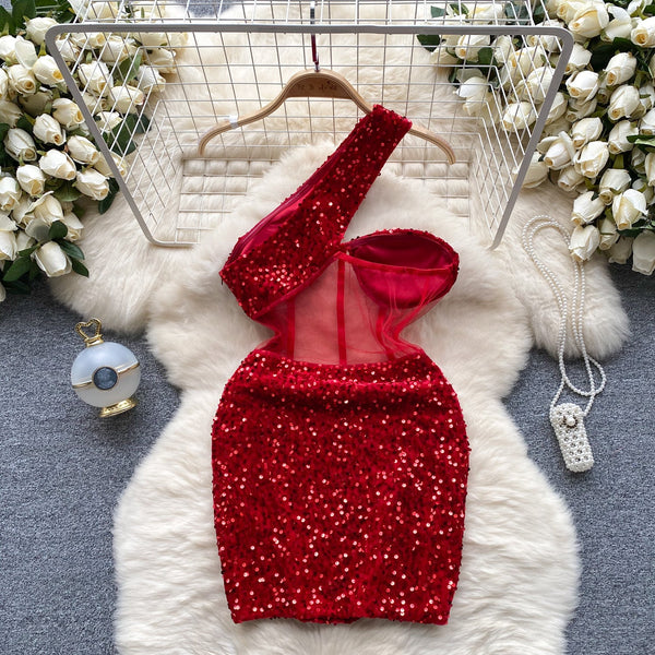 Slant Shoulder Sequin Mini Party Dress