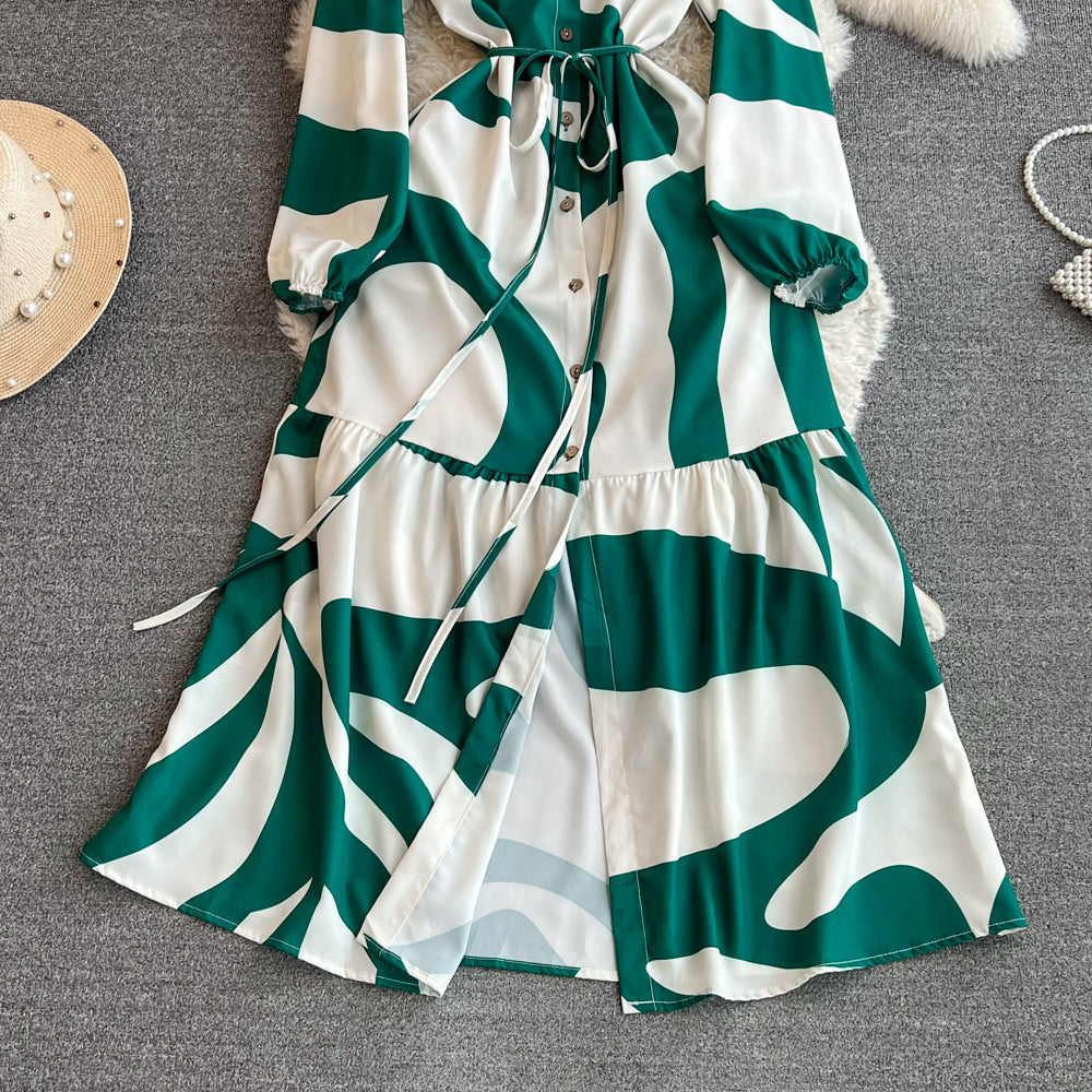 Elegant Tie-dye Printed Shirt Dress