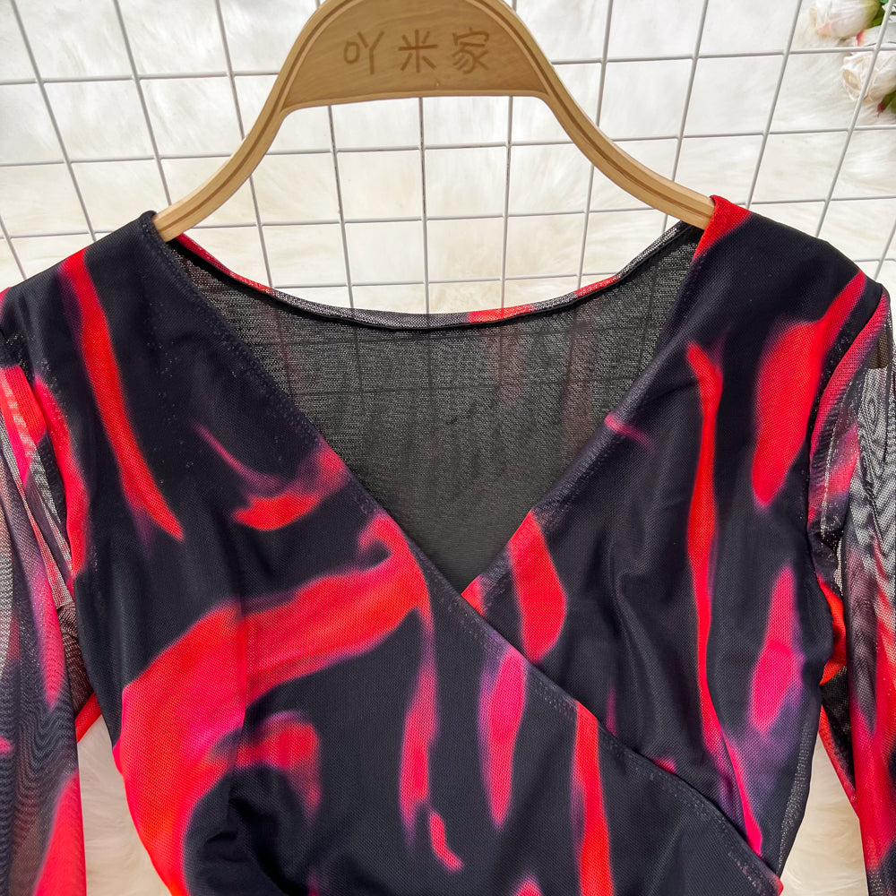 V-neck Floral Printed Mesh Dress