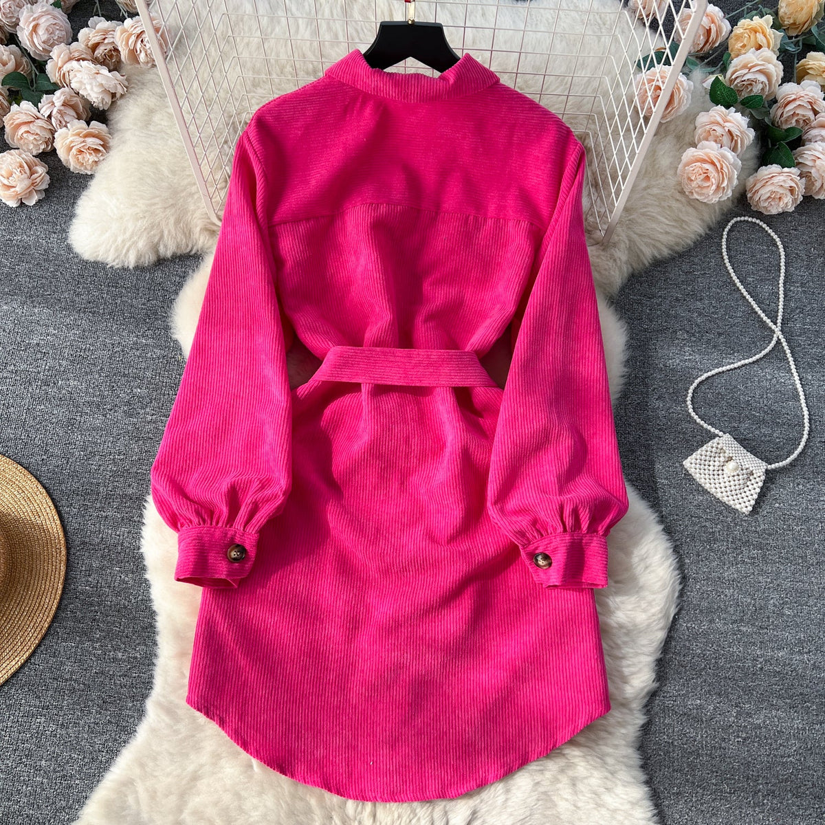 Lapel Single-breasted Corduroy Shirt Dress