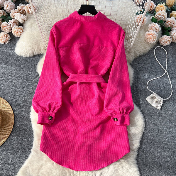 Lapel Single-breasted Corduroy Shirt Dress