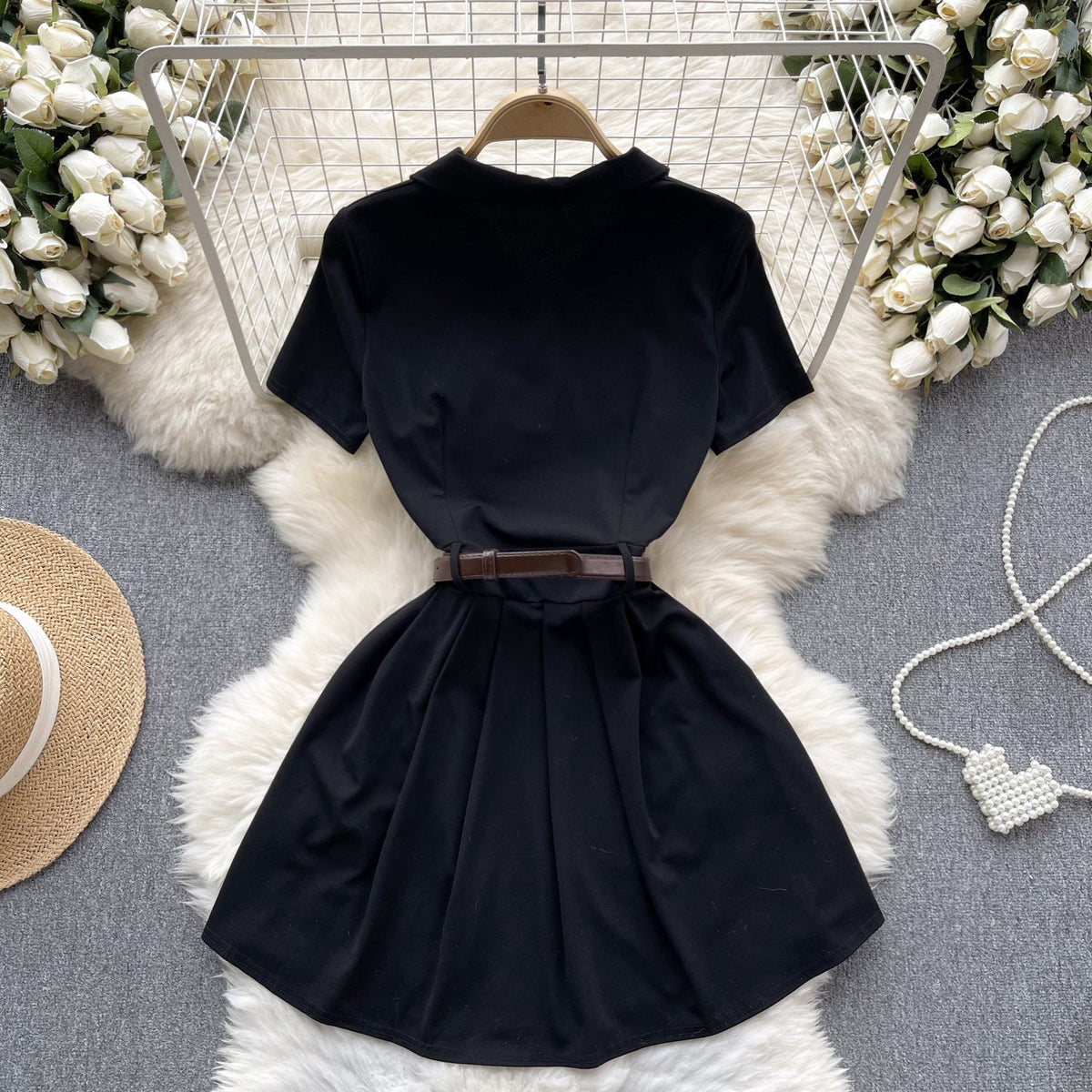 Polo Collar Pleated Black Shirt Dress