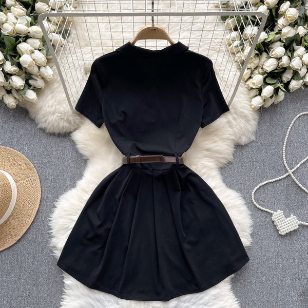 Polo Collar Pleated Black Shirt Dress