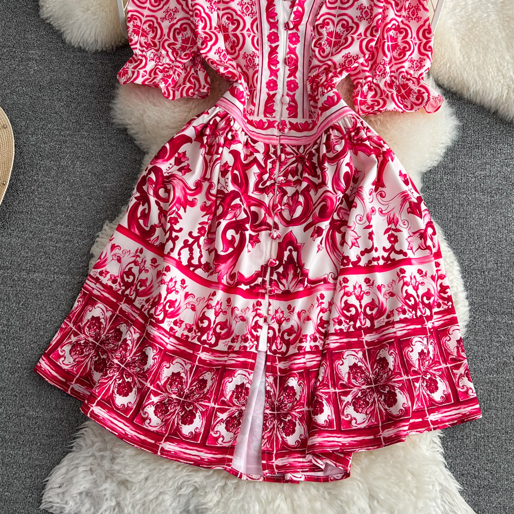 Ethnic V-neck Celadon Printed Shirt Dress