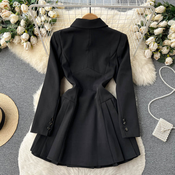 Lapeled Pleated Black Suit Dress