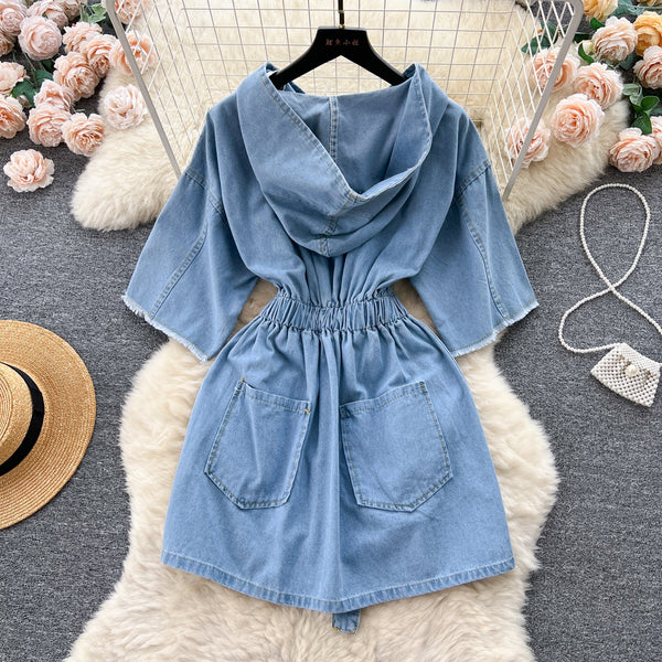 Chic Lace-up Hooded Denim Dress