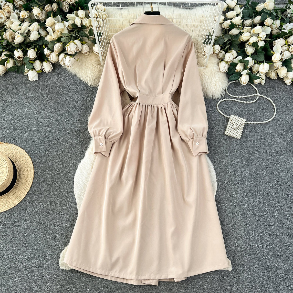 Elegant Solid Color Pleated Trench Dress