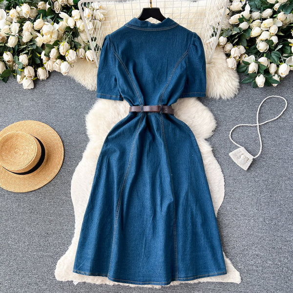 Lapel Single-breasted Denim Shirt Dress