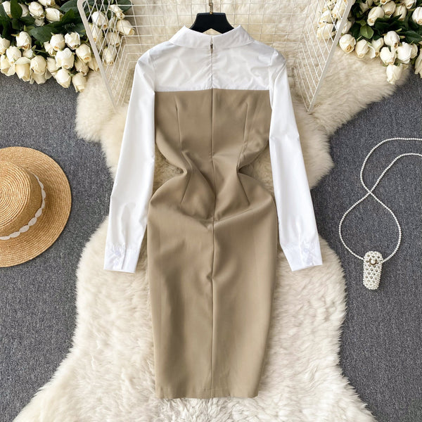 Faux Two-pieces Patchwork Shirt Dress