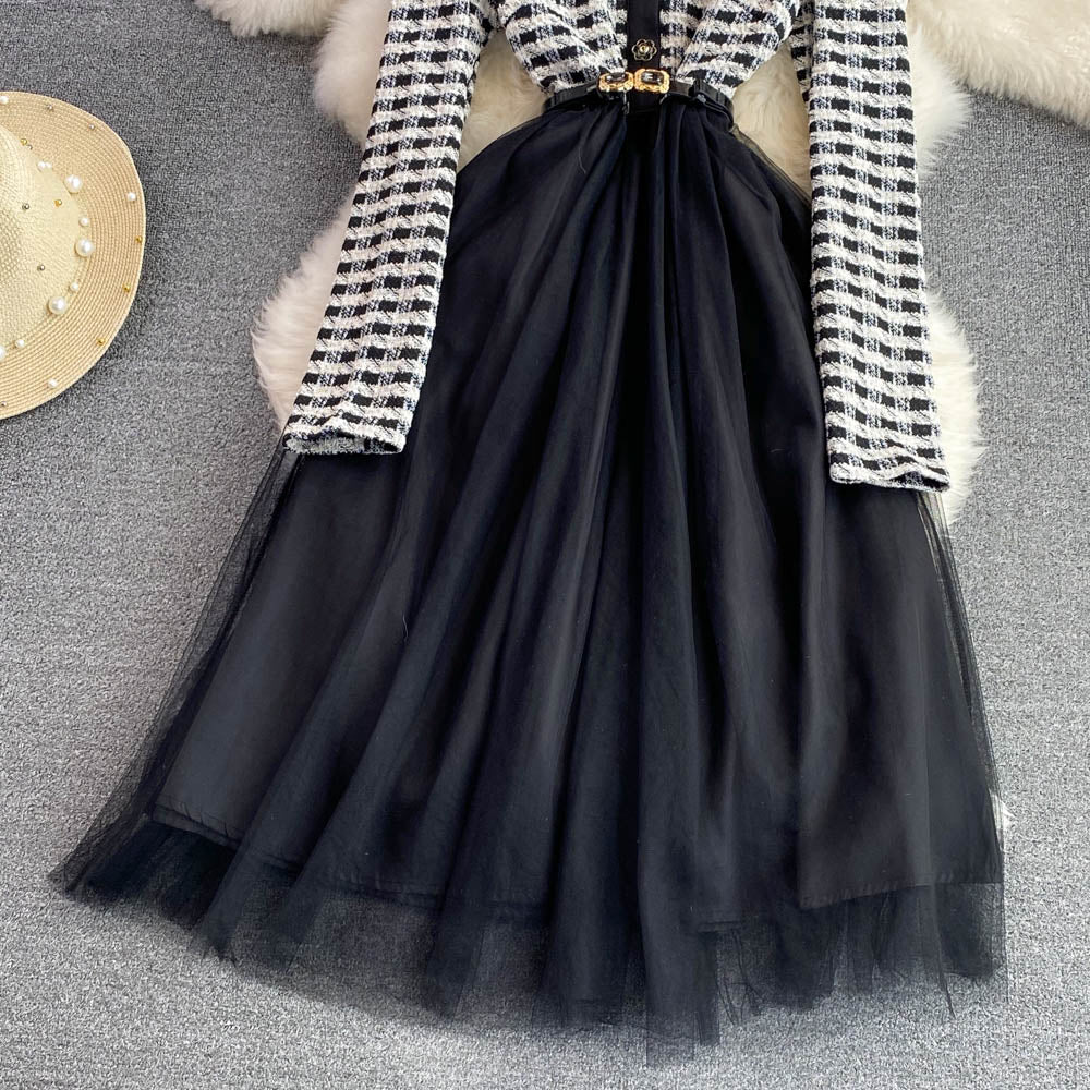 Plaid Knitted A-line Mesh Dress