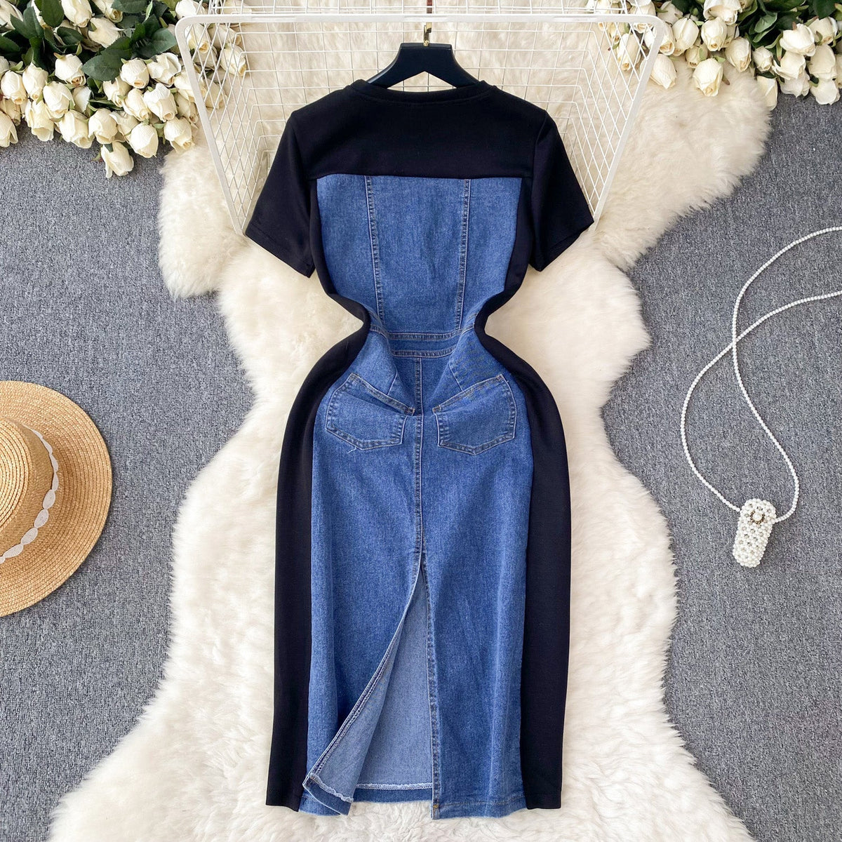 Round Collar Denim Patchwork Midi Dress