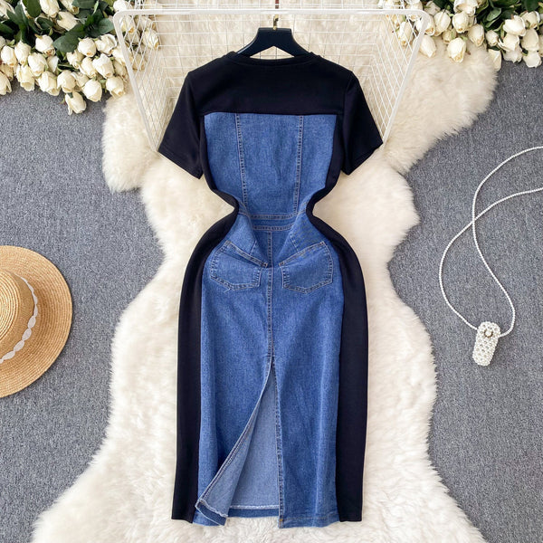 Round Collar Denim Patchwork Midi Dress