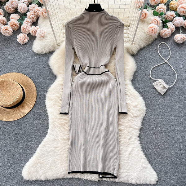 Elegant Lace-up Knitted Slim Dress