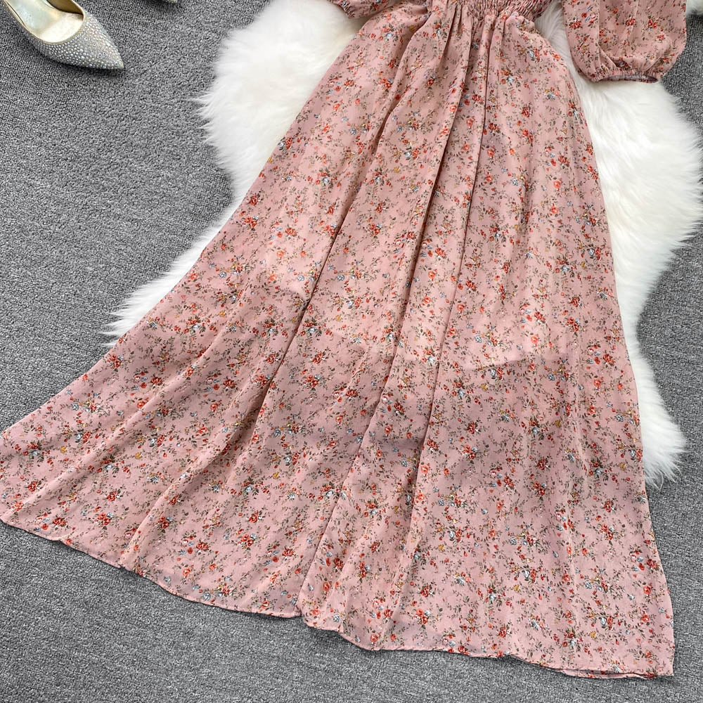 Square Collar Floral Chiffon Dress