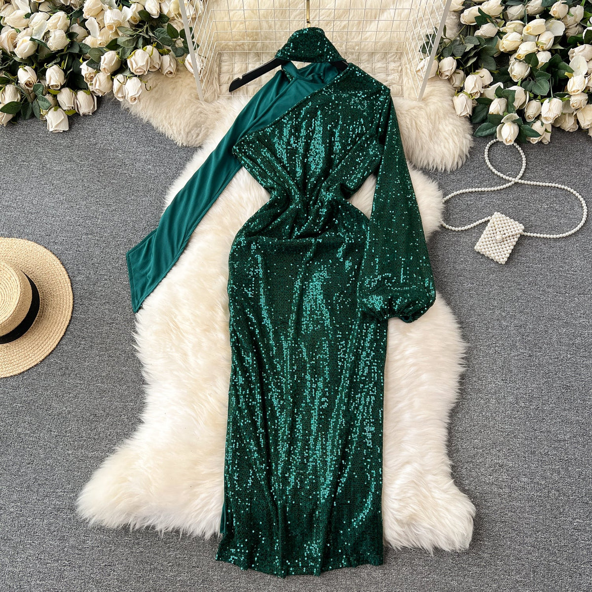 Glossy One-shoulder Sequined Halter Dress