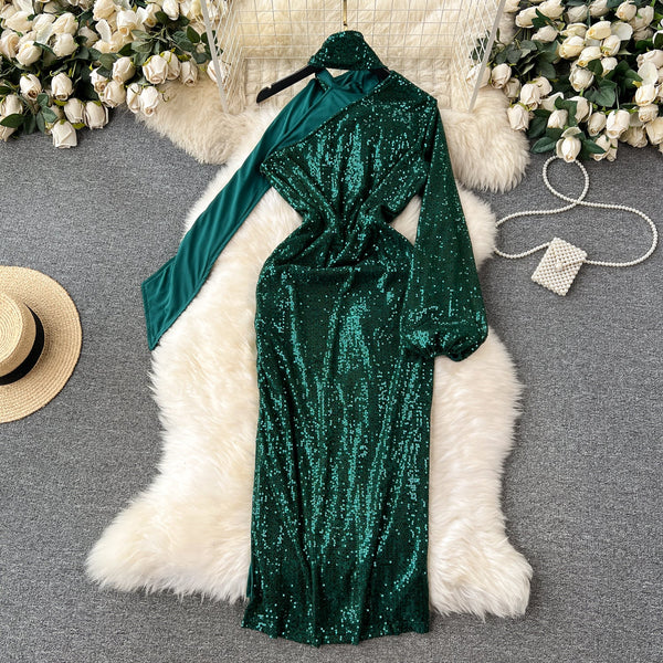 Glossy One-shoulder Sequined Halter Dress