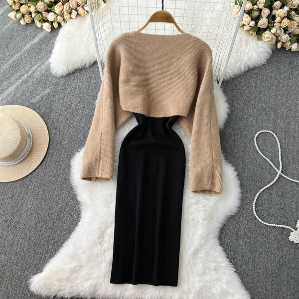 Crew Neck Smock&Slip Dress Knitted 2Pcs