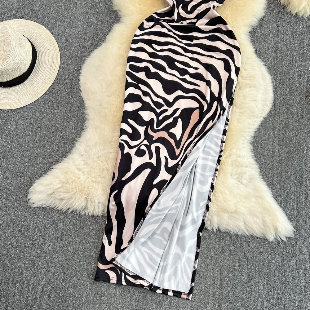 Zebra Printed Split Slip Dress