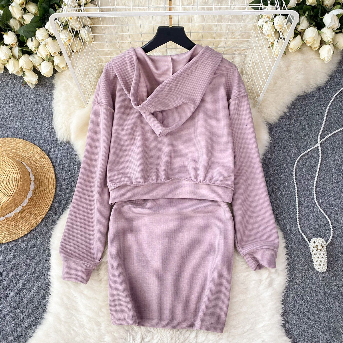 Slip Dress&Lace-up Hoodie 2Pcs