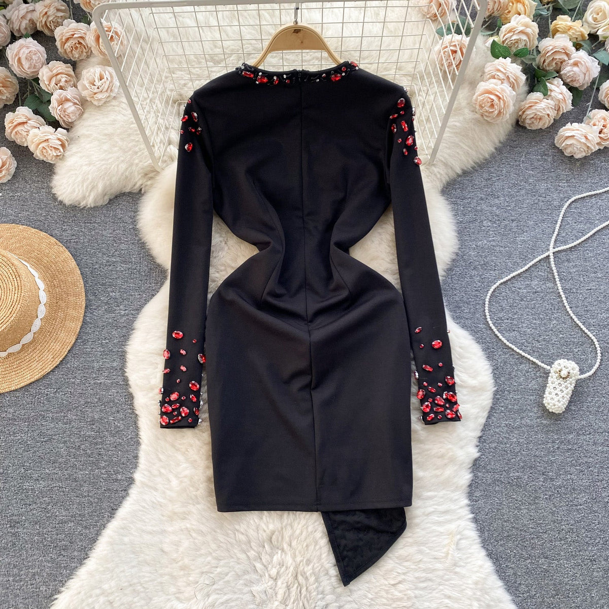 Elegant Asymmetric Beaded Floral Dress