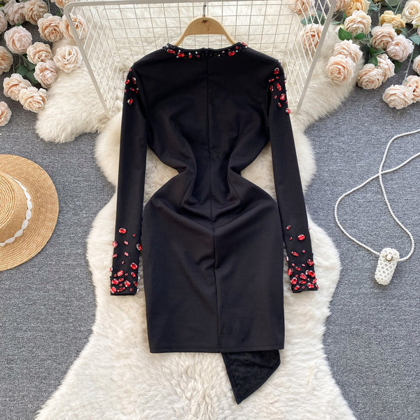 Elegant Asymmetric Beaded Floral Dress