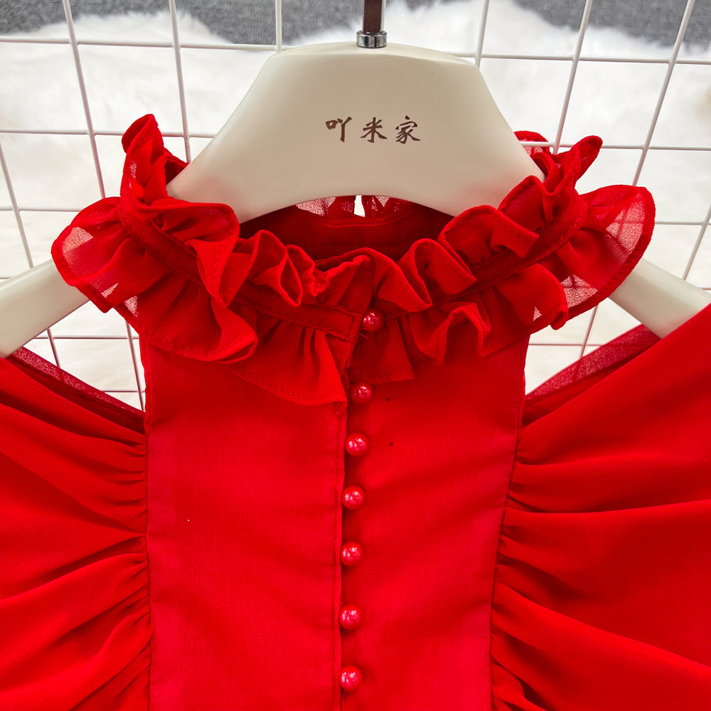 Stand collar Ruffled Chiffon Dress