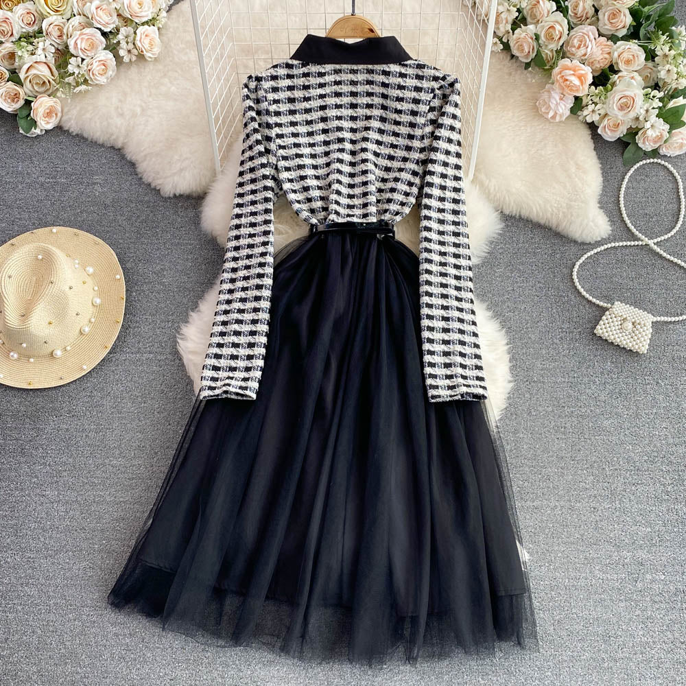 Plaid Knitted A-line Mesh Dress
