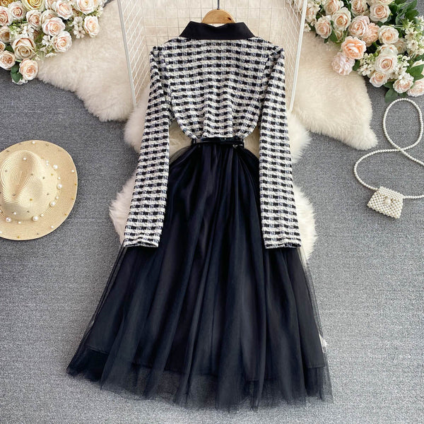 Plaid Knitted A-line Mesh Dress