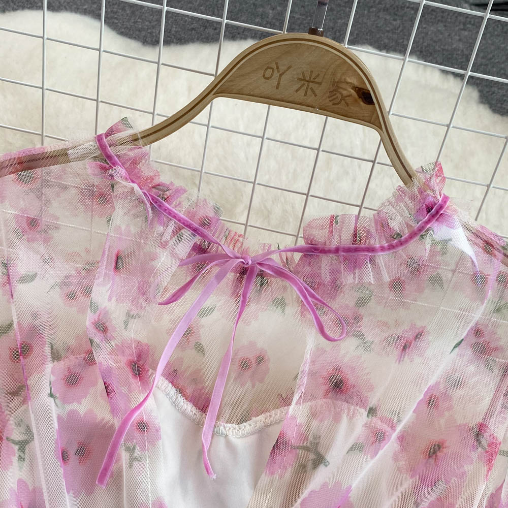 High-end Flared Sleeve Mesh Print Dress