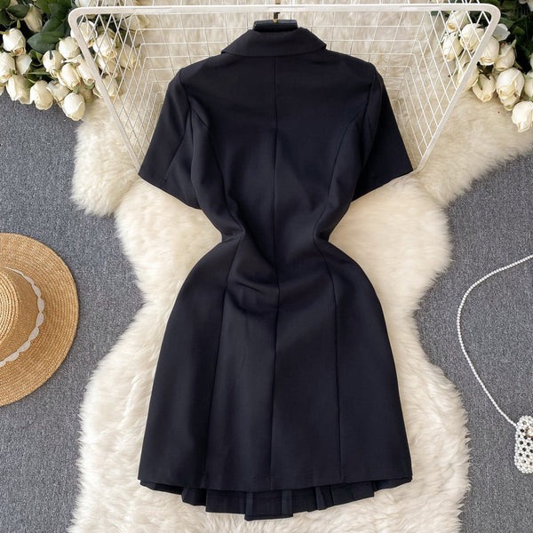 Vintage Lapeled Lace-up Black Dress