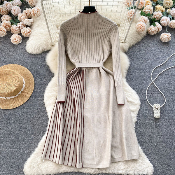 Thermal Striped Knitted Dress with Belt