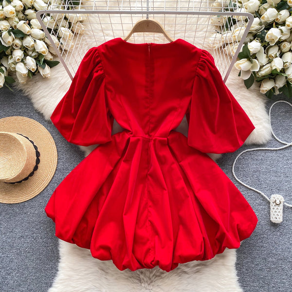Vintage V-neck Puffy Suede Dress