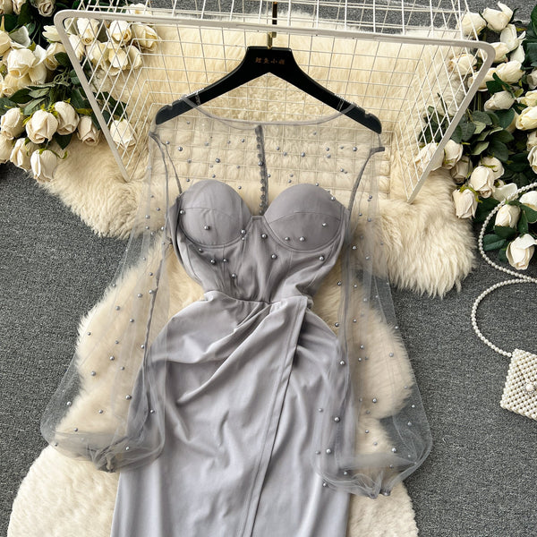 Elegant Beaded Mesh Party Dress