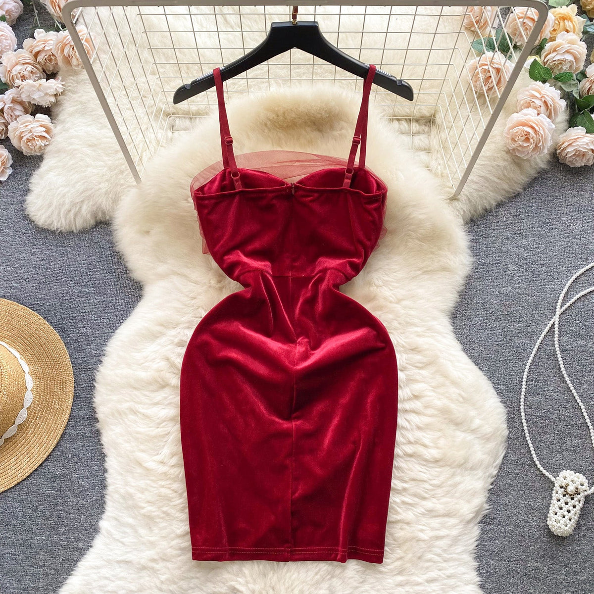 Mesh Patchwork Hip-wrapping Slip Dress