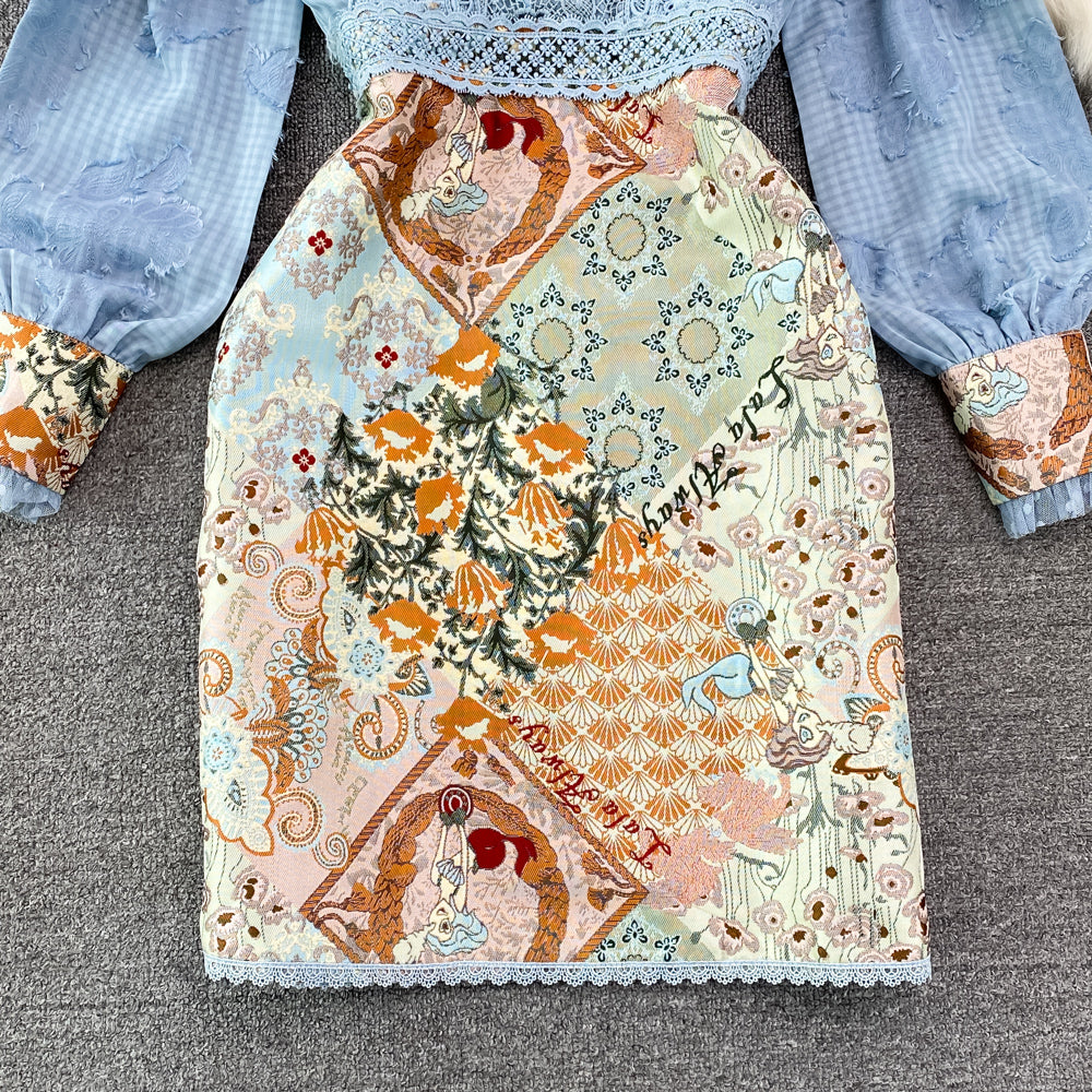 Patchwork Bubble Sleeve Faux Two-pieces Dress