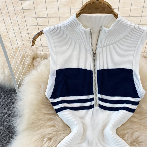 Polo Collar Striped Zipped Knitted Dress