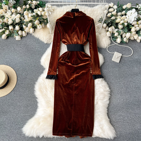 Vintage Gold Velvet Suit Collar Dress
