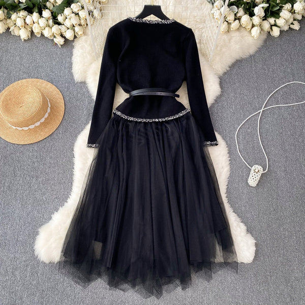 Elegant Cardigan&Slip Mesh Dress 2Pcs