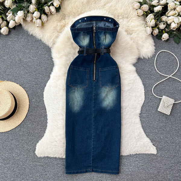 Vintage Strapless Denim Split Dress