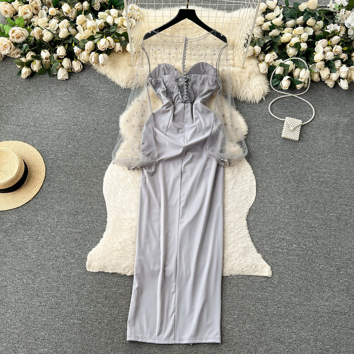 Elegant Beaded Mesh Party Dress