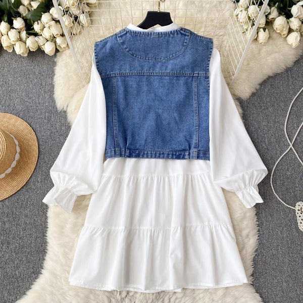 Denim Vest&White Shirt Dress 2Pcs