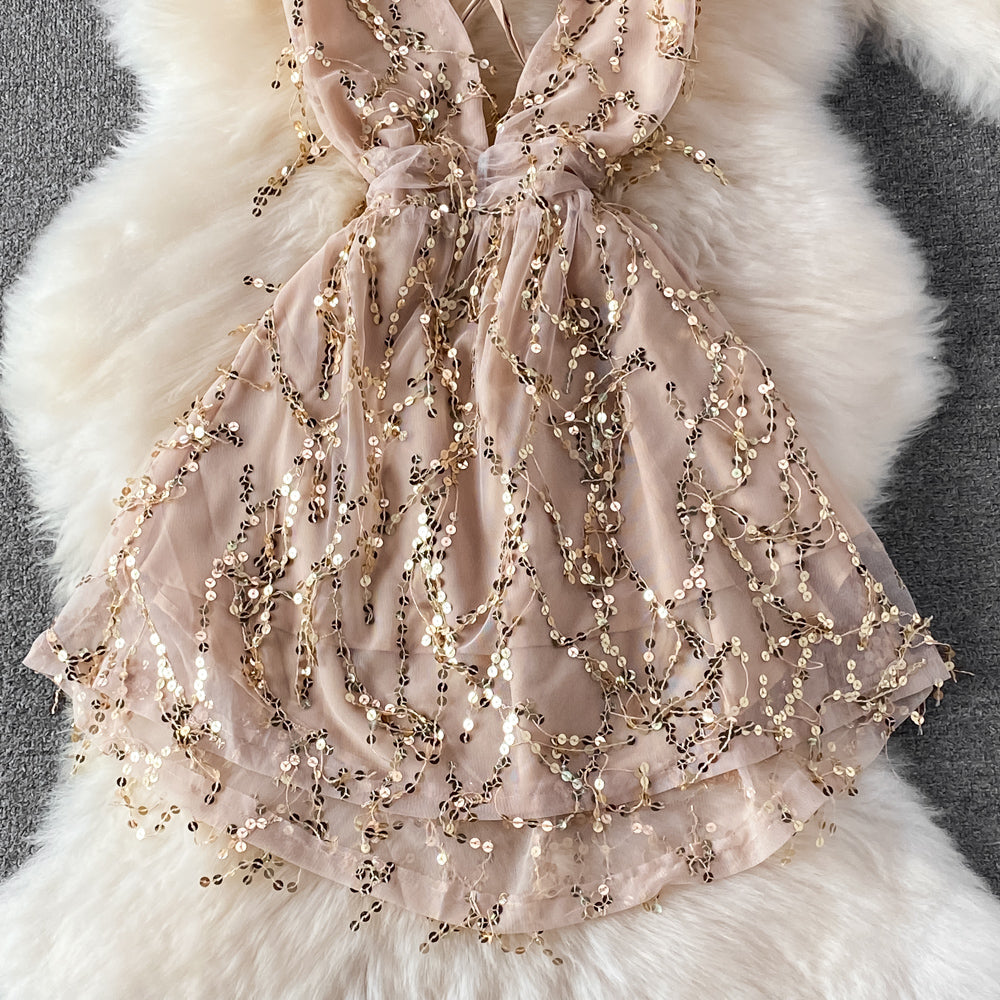 V-neck Backless Sequin Slip Dress