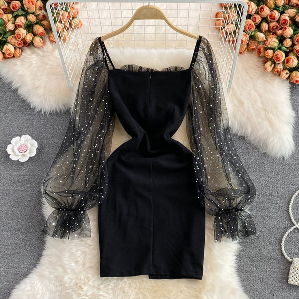 Shimmering Mesh Patchwork Black Dress
