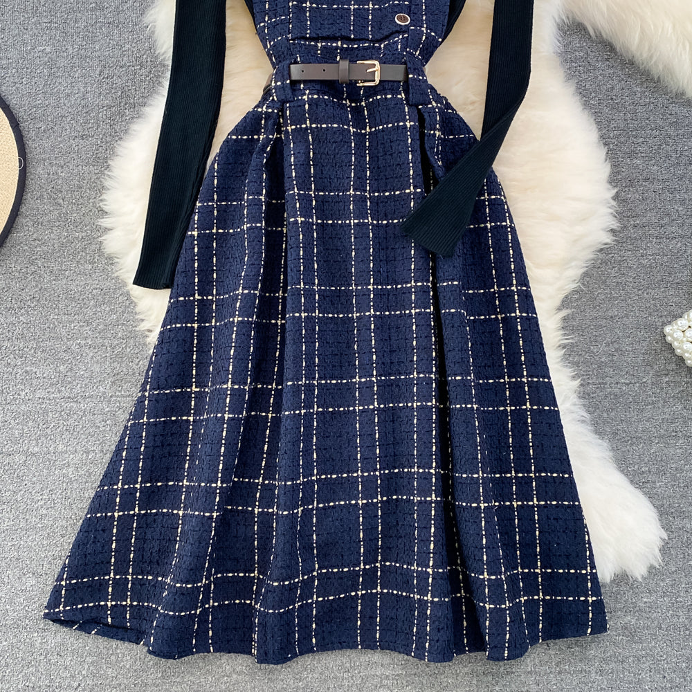 Bottoming Sweater&Plaid Tweed Dress 2Pcs