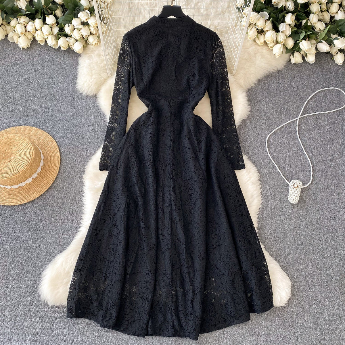Stand Collar Black Lace Shirt Dress
