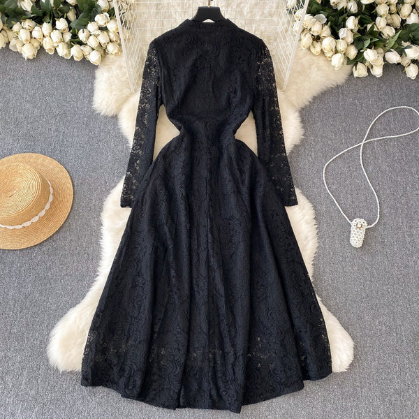 Stand Collar Black Lace Shirt Dress