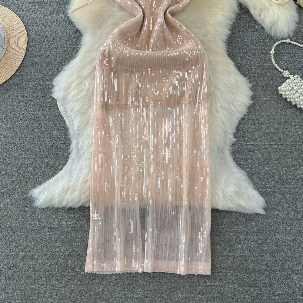 Glossy Sequined Backless Halter Dress