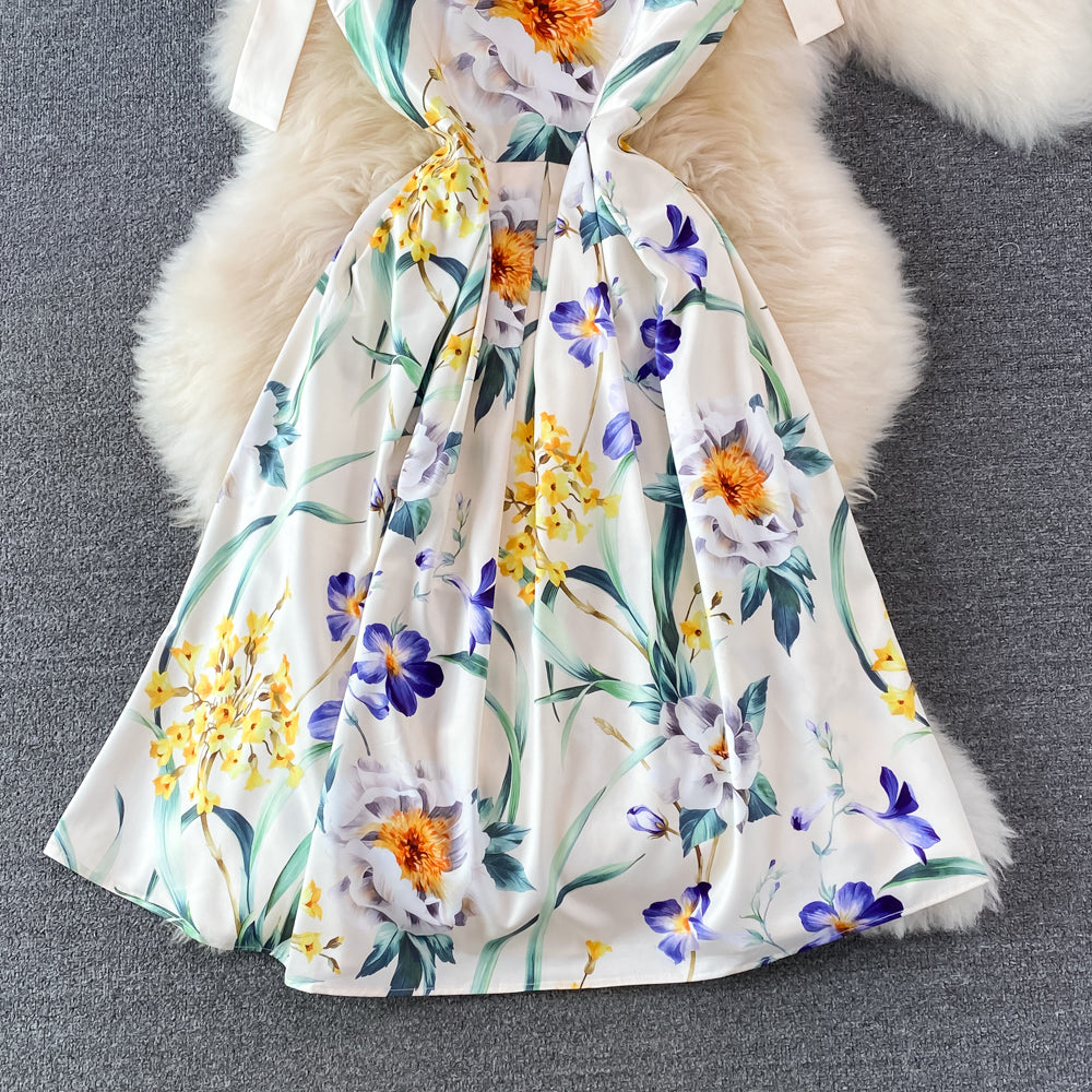 Bow-tie Lace-up Printed Floral Dress